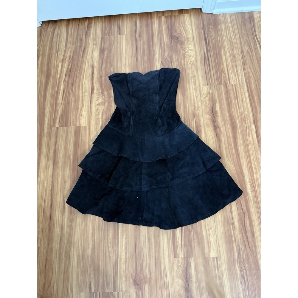 Berman Suede Leather Strapless Western Cowgirl Black Mini Dress 6 Vintage Goth - Picture 2 of 7